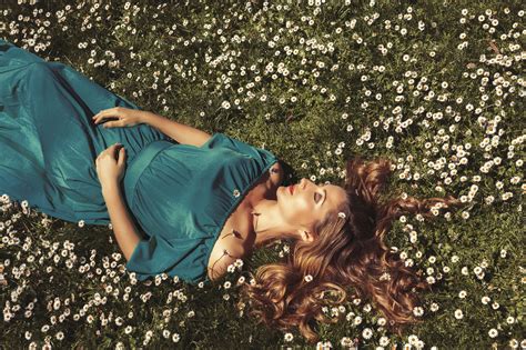 Blue Dress Brunette Girl Lying Down Model Mood White Flower Woman Wallpaper Resolution