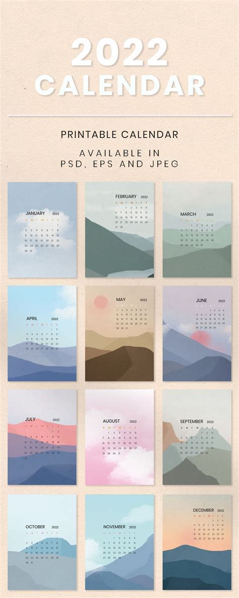 2022 Calendar Sky And Mountain Minimal Scandinavian Style In 2022 Cute