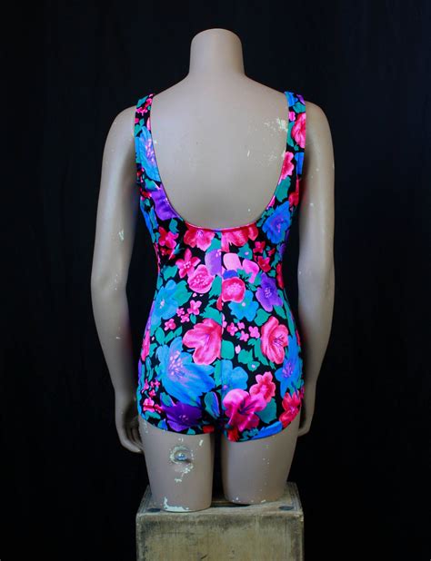 Womens Vintage 80s Floral Bathing Suit One Piece Swim Ware Large