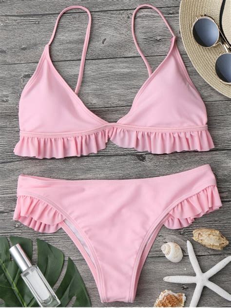 Ruffle Padded Plunge Bikini Set Pink Bikinis S Zaful