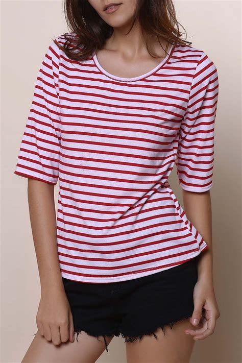 2018 Casual Scoop Neck Half Sleeve Striped Women S T Shirt In Red M