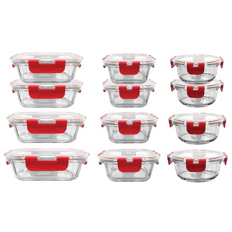 Nutrichef 24 Piece Glass Food Storage Set With Locking Hinge Red Lids Superior Quality