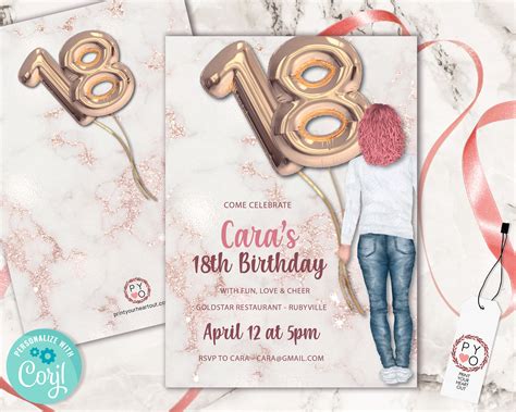 18th Birthday Rose Gold Marble Invitation Printable Template Foil