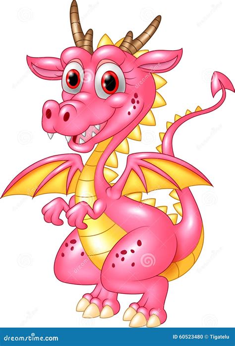 Cartoon Funny Pink Dragon Isolated On White Background Stock Vector