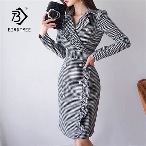 New Women Slim Plaid Trench Dresses Notched Double Breasted Ruffles Bodycon Blazer Dress With