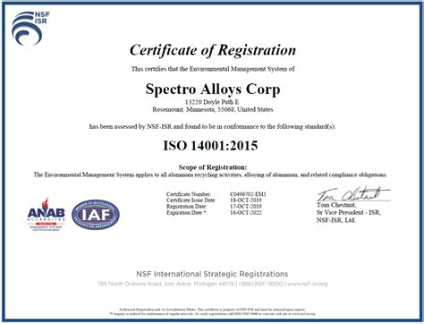 iso 14001 2015 certification — spectro alloys