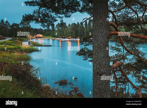 Sweden Road To Beautiful Swedish Village Near Lake Wooden Log Cabin
