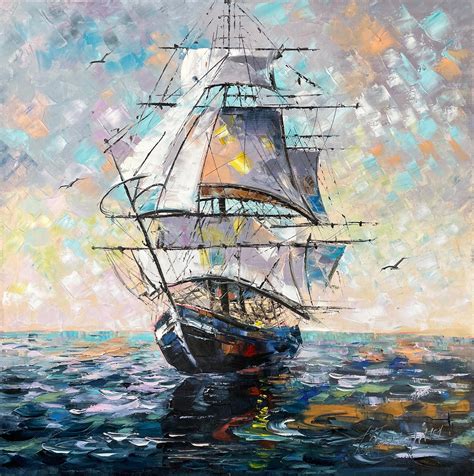 Abstract Ship Oil Painting Original Large Sailing Wall Art Etsy