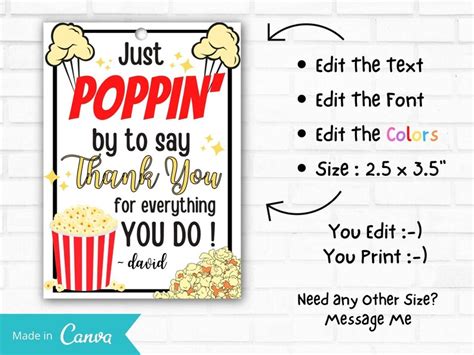 Just Poppin By To Say Thank You Popcorn T Tag Thank Etsy