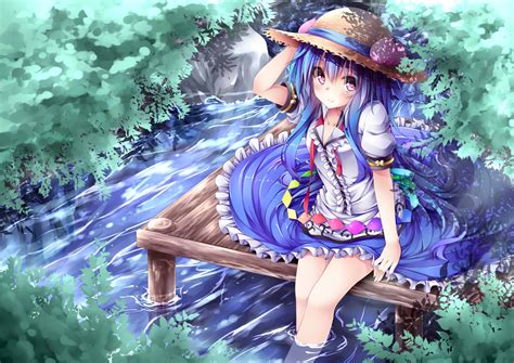 Blue Hair Blush Hat Hinanawi Tenshi Jpeg Artifacts Long Hair Pink Eyes