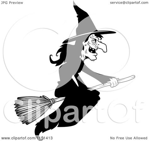 Cartoon Clipart Of A Black And White Wicked Witch Flying