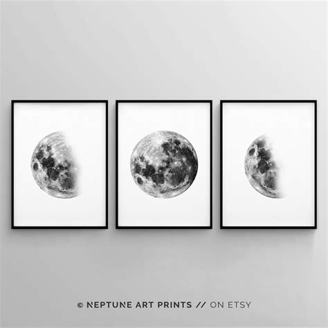 Set Of 3 Moon Prints Minimalist Moon Art Black And White Moon Phases