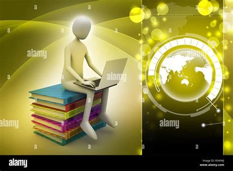 3d Man Sitting On Books And Working At His Laptop Stock Photo Alamy
