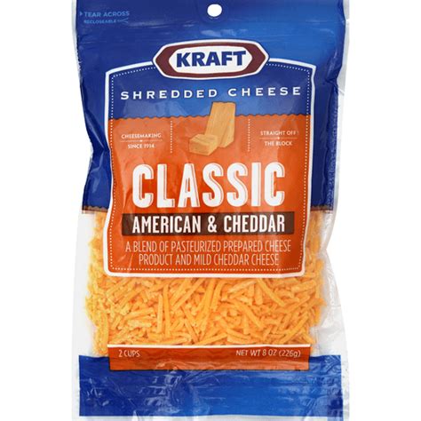 Kraft Classic American And Cheddar Shredded Cheese 8 Oz Bag Packaged