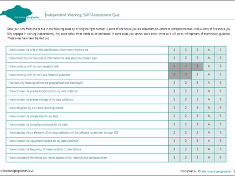 Independent Working Self Assessment Quiz Teaching Resources