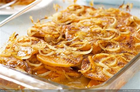 Cheese, potatoes, and bread equal a bowl of bliss! Sweet Potato, Cheese And Onion Casserole Recipe