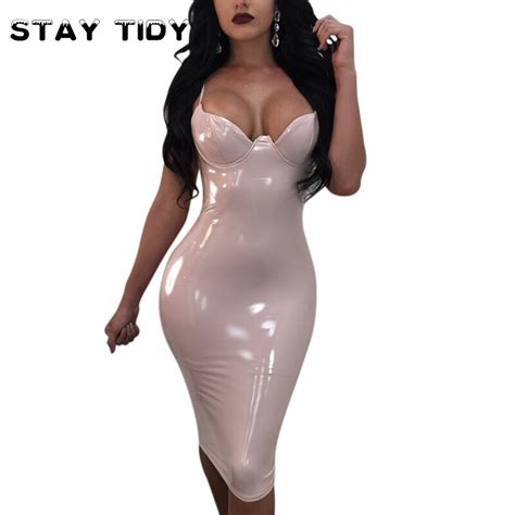 Stay Tidy Pu Leather Spaghetti Strap V Neck Sexy Bodycon Dress Autumn
