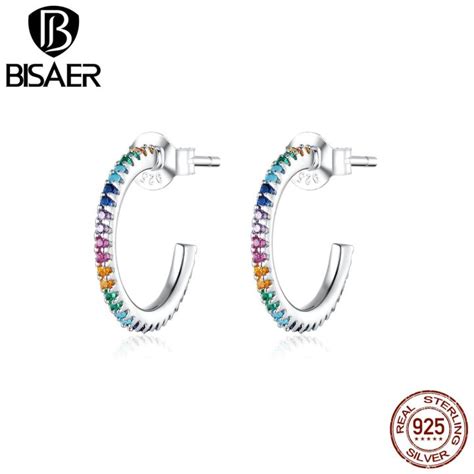 Bisaer Stud Earrings Sterling Silver Rainbow Color Zircon Women Earrings Clear Cubic Zircon