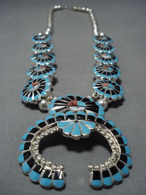 Intricate Vintage Zuni Turquoise Sterling Silver Squash Blossom Necklace Silver Squash