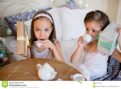Child Girls Wake Up In Her Bed In Christmas Morning Stock Image Image