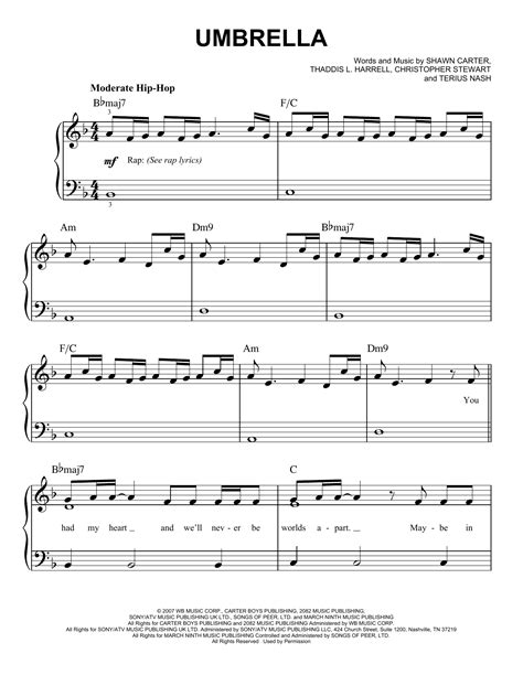 umbrella sheet music rihanna featuring jay z easy piano