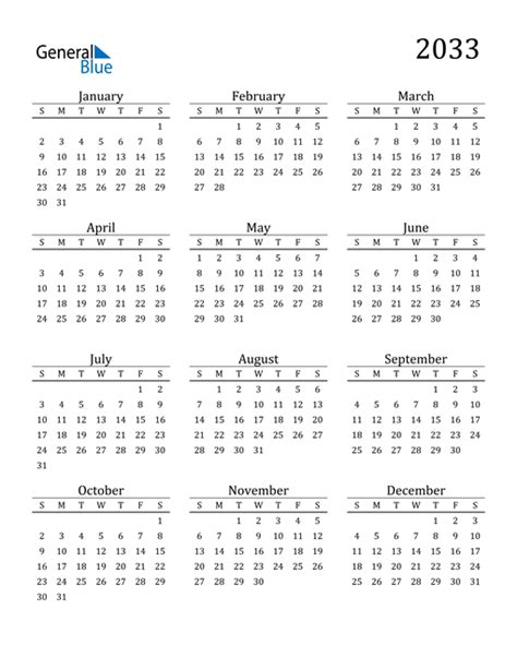 2033 Calendar Pdf Word Excel