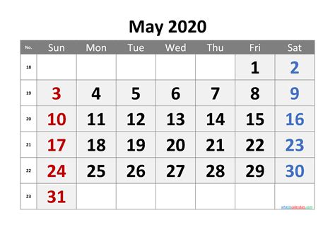Printable Calendar May 2020 Free Premium