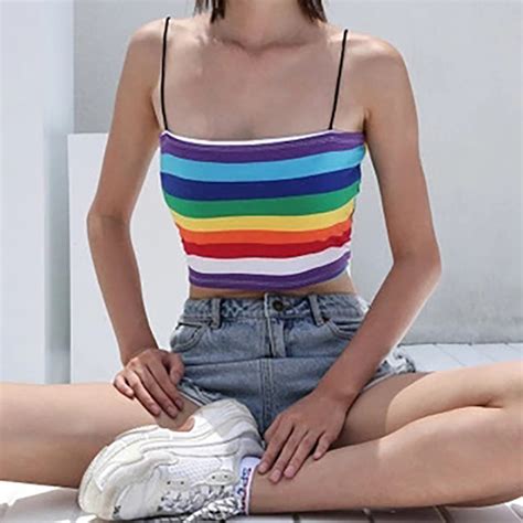 Sexy Rainbow Striped Tube Top With Spaghetti Strap Queerks