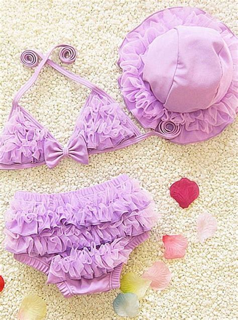 Mia Belle Girls Ruffled Mesh Two Piece Swimsuit With Beach Hat