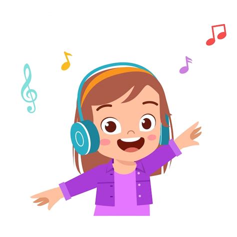 Feliz Niña Niño Lindo Escuchar Buena Música Vector Premium