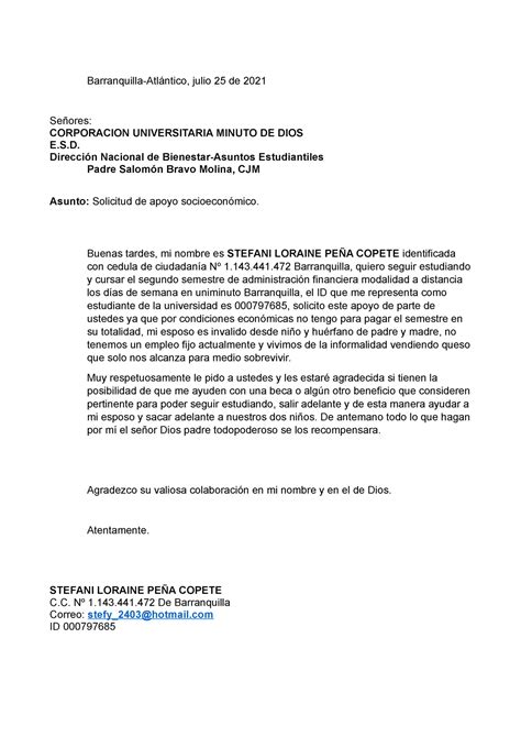Carta De Solicitud De Apoyo Socioeconomico Barranquilla Atlántico