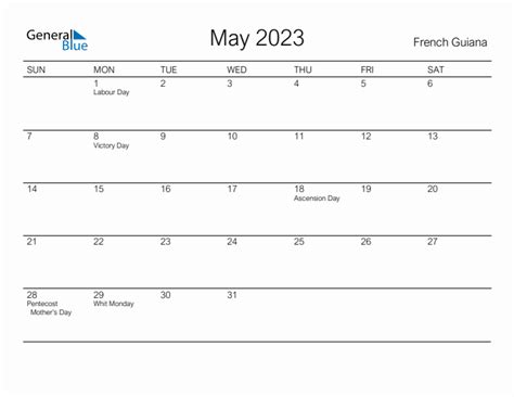 Printable May 2023 Monthly Calendar With Holidays For French Guiana