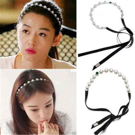 Korea Style Crystal Simulated Pearl Hairband Headwear Silk Ribbon