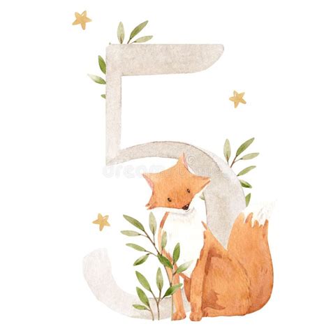 Beautiful Stock Illustration With Watercolor Hand Drawn Number 5 And