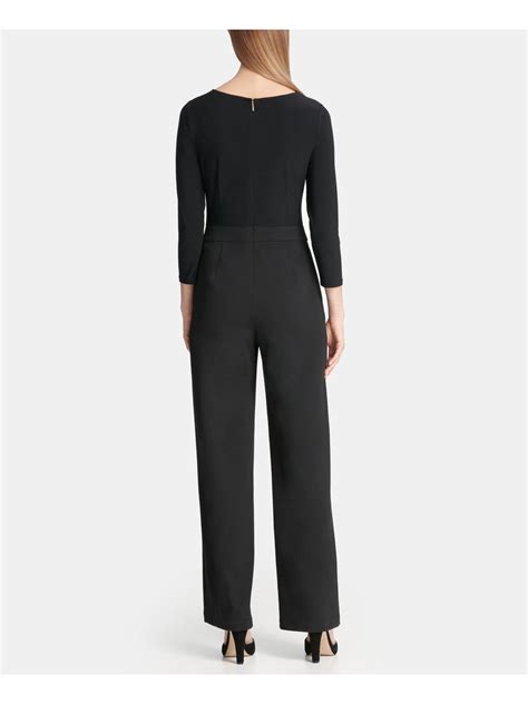 Dkny Womens Black Embellished Zippered 34 Sleeve Jewel Neck Jumpsuit