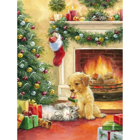 Christmas Tree Fireplace Cat And Dog 5d Diamond Painting