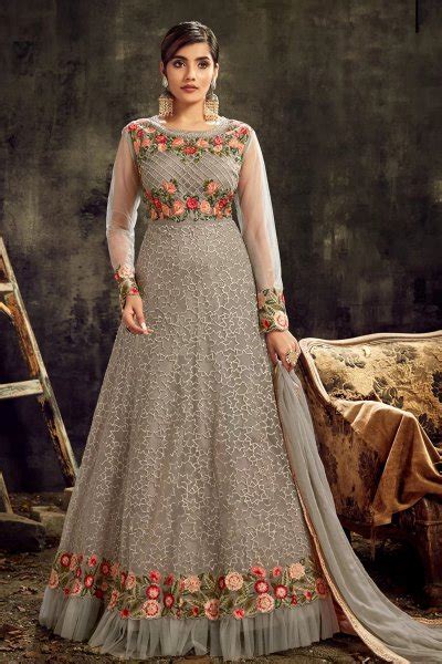 Buy Grey Net Party Wear Anarkali Dress Online Like A Diva