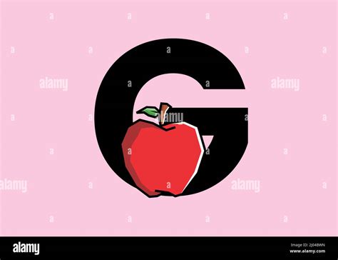 G Initial Letter With Red Apple In Stiff Art Style Design Stock Vector