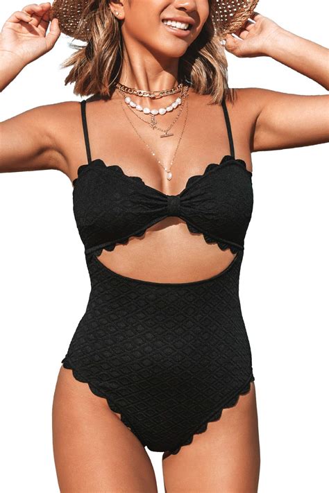 buy cupshewomen s one piece swimsuit sexy black cutout scallop trim bathing suit online at
