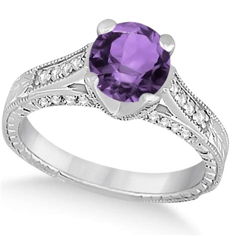 Diamond And Amethyst Antique Engagement Ring 14k White Gold 140ct U7586
