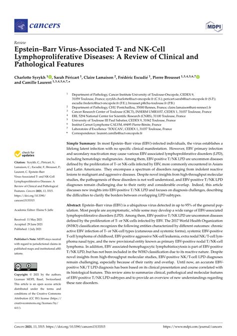 Pdf Epsteinbarr Virus Associated T And Nk Cell Lymphoproliferative