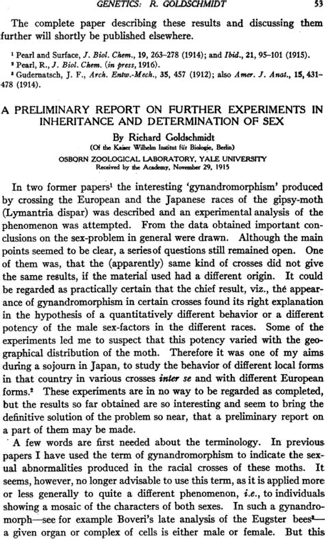 A Preliminary Report On Further Experiments In Inheritance And Determination Of Sex Pnas