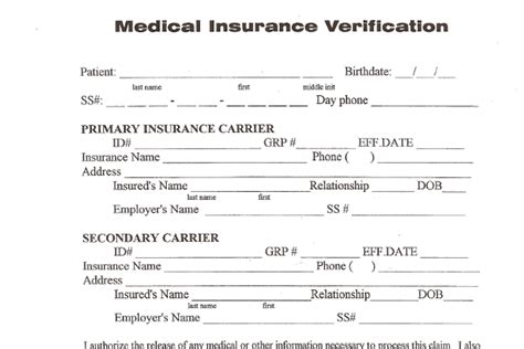 Printable Medical Insurance Insurance Verification Form Printable