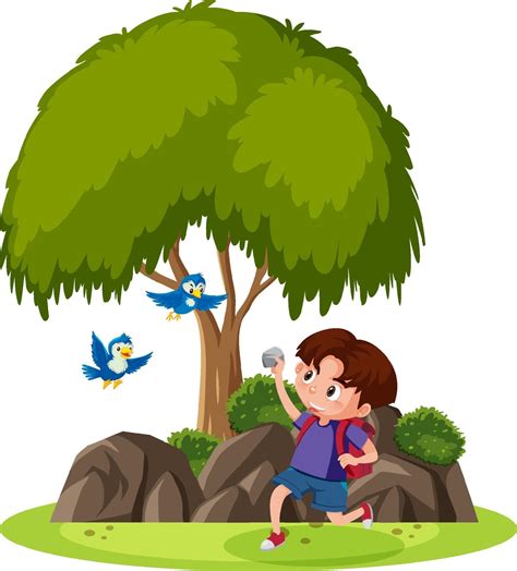 Isolated Scene With A Boy Trying To Throw Stone To Birds 1928611 Vector