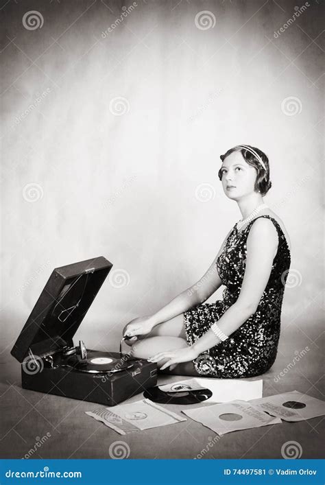 Girl Listening To Music On The Gramophone Retro Stock Image Image Of