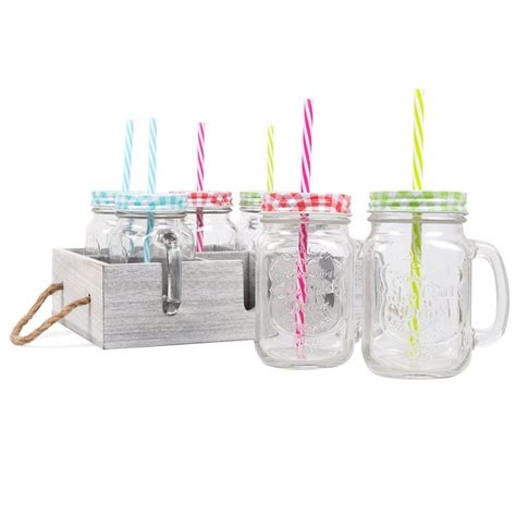 Glass Mason Drinking Jars And Carrier With Reusable Straws Lids And Handles Set Of 6 Party Supply