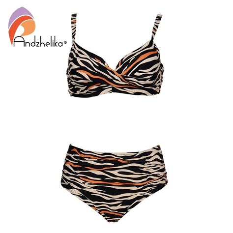 Andzhelika Zebra Stripe High Waisted Bikini Sets 2022 Women Heart Neck