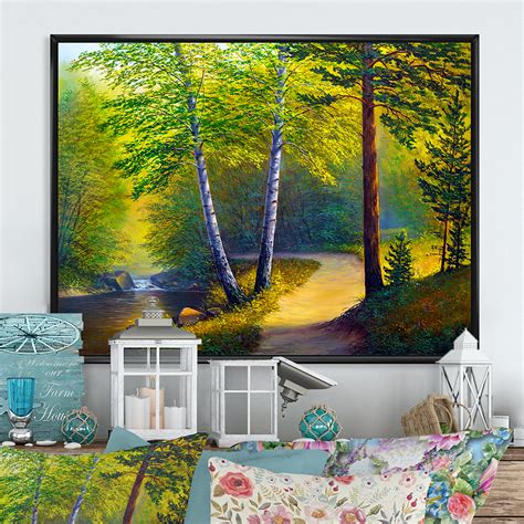 Millwood Pines Forest Scenery On Summer River Iii Framed On Canvas