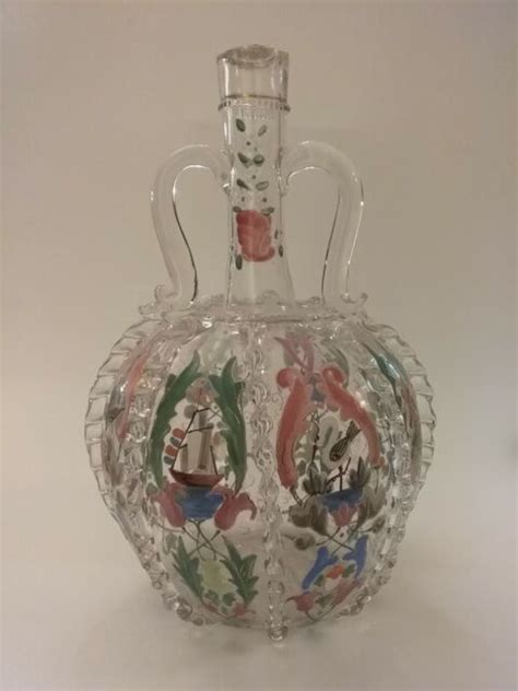 Antique Blown Glass Gilt And Enamel Moser Decanter Pitcher W Applied Handles Ebay