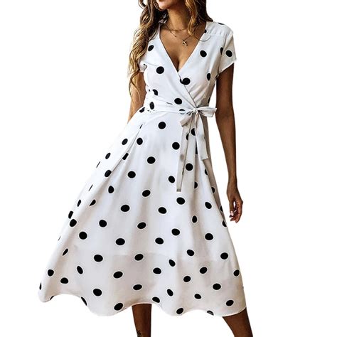 Vintage Polka Dots Midi A Line Dress Women Clothes Sexy V Neck Vacation